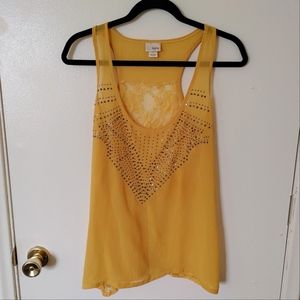 Daytrip mustard yellow tank top with lace back and rhinestones